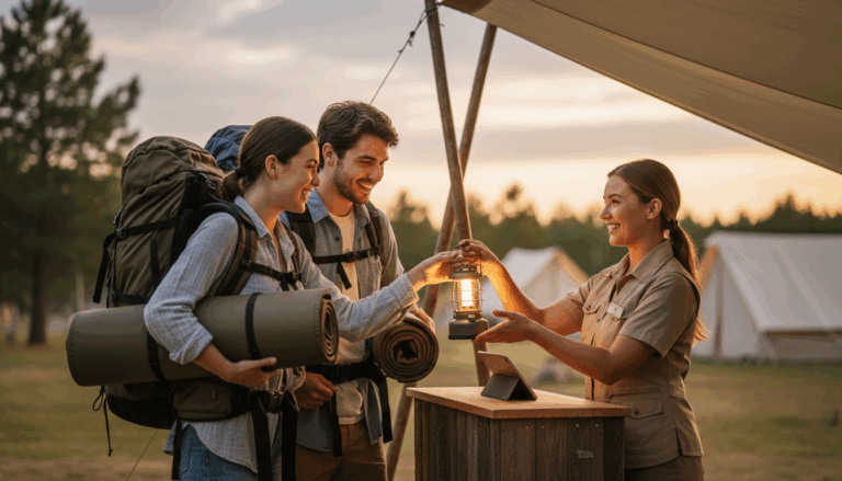 Campground host hands a lantern to smiling young campers during outdoor check-in, with pine trees and tents in the background at dusk.