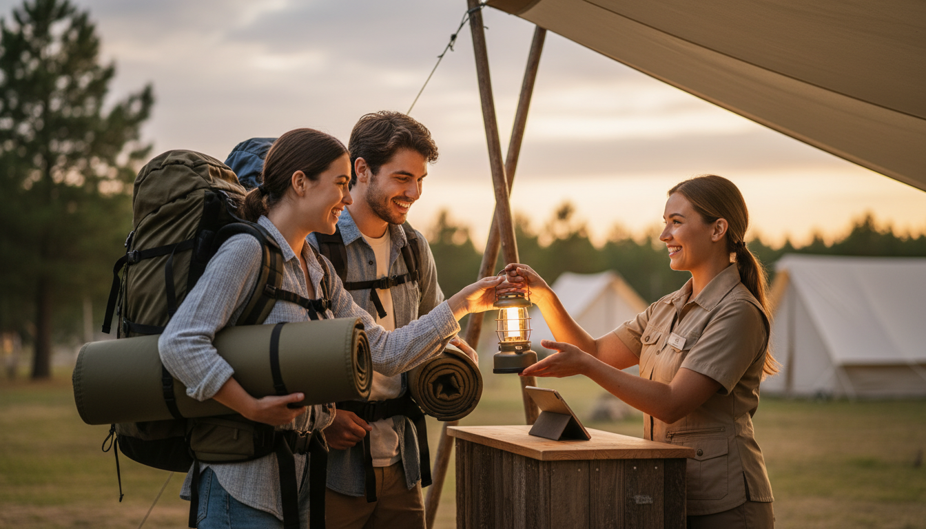 Campground host hands a lantern to smiling young campers during outdoor check-in, with pine trees and tents in the background at dusk.