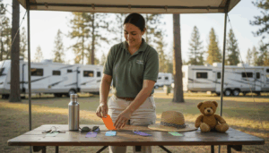 Campground staff member organizing lost and found items on a wooden table under a canopy, with RVs and pine trees blurred in the background.