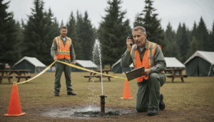 Two campground maintenance workers respond to a leaking water spigot, one kneeling with a radio and clipboard, the other placing caution tape near tents and picnic tables in a generic forest setting.