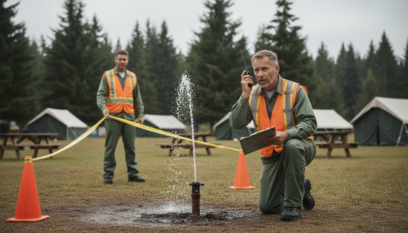 Two campground maintenance workers respond to a leaking water spigot, one kneeling with a radio and clipboard, the other placing caution tape near tents and picnic tables in a generic forest setting.