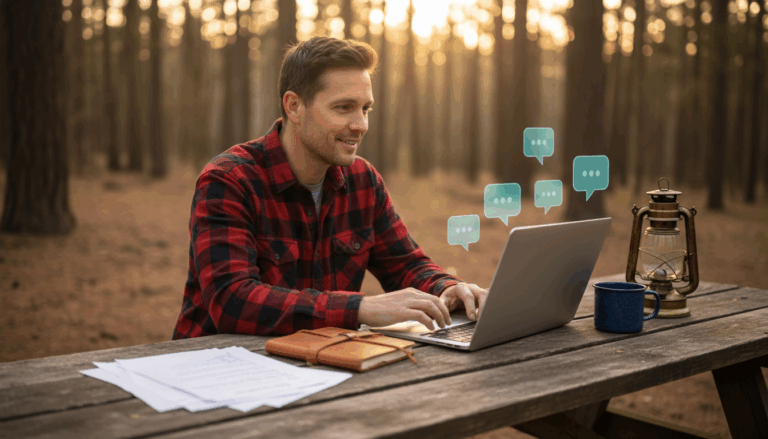 Campground manager at rustic picnic table reviews handwritten forms beside a laptop, with soft sunlight and floating digital chat icons in a generic wooded setting.