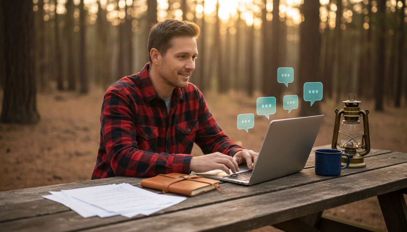 Campground manager at rustic picnic table reviews handwritten forms beside a laptop, with soft sunlight and floating digital chat icons in a generic wooded setting.