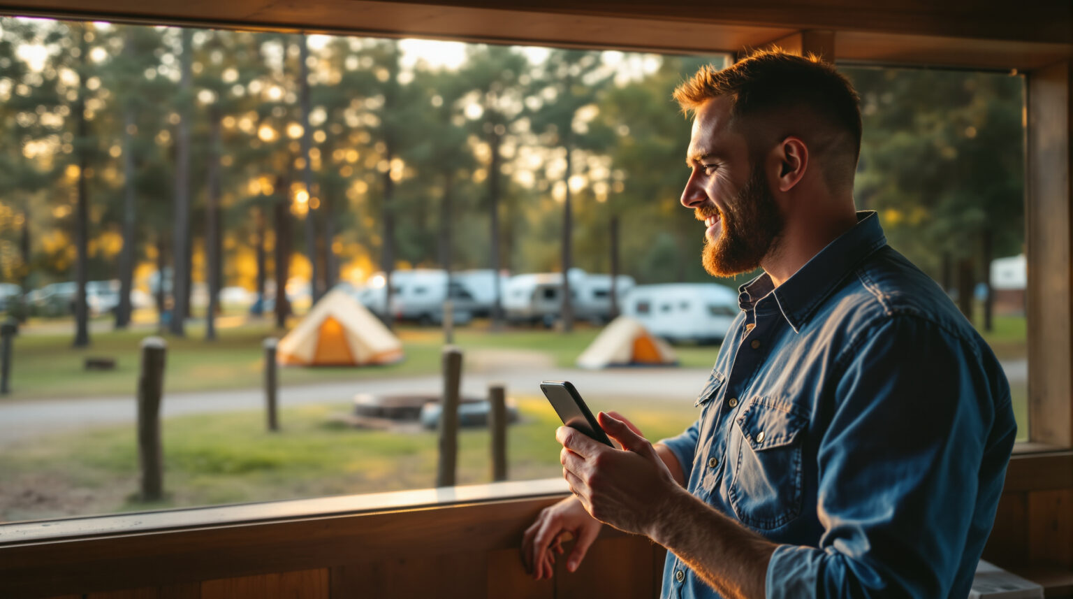 Campground manager holding smartphone looks out office window toward empty campsite with tents and RVs in blurred background, warm sunlight streaming in
