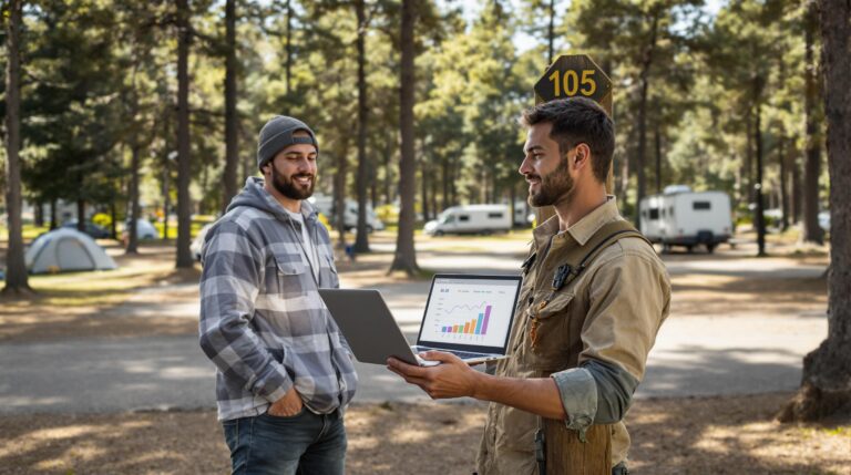 Campground manager with laptop analyzing data at rustic campsite with tents, RVs, and empty pitches among pine trees in soft sunlight