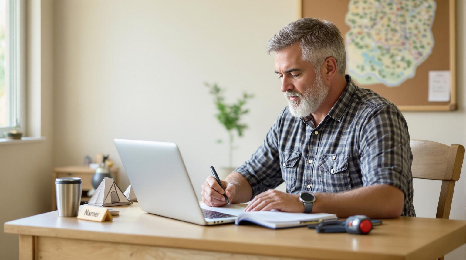 Campground manager taking notes at a desk while reviewing alerts on a laptop in a neutral office setting with outdoor-themed decor and soft natural lighting.