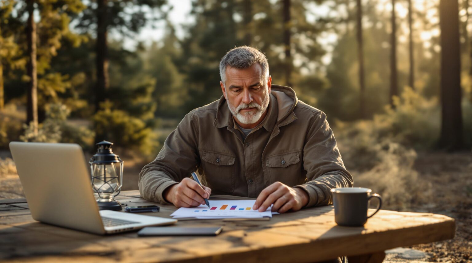 Campground manager reviewing a color-coded bar graph at a picnic table in a generic forest campsite at dawn, with a closed laptop, coffee mug, and lantern nearby.