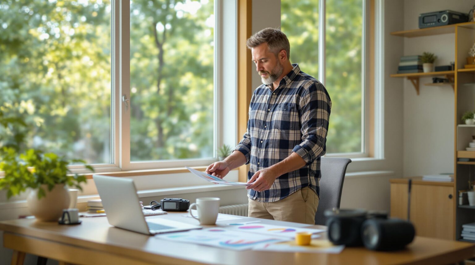 Campground manager reviews colorful revenue charts at a wooden desk in a bright, modern office with large windows and greenery in the background.