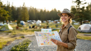 Campground manager smiling with site map, standing on a gravel path in front of tents, RVs, and cabins among trees in warm afternoon light.