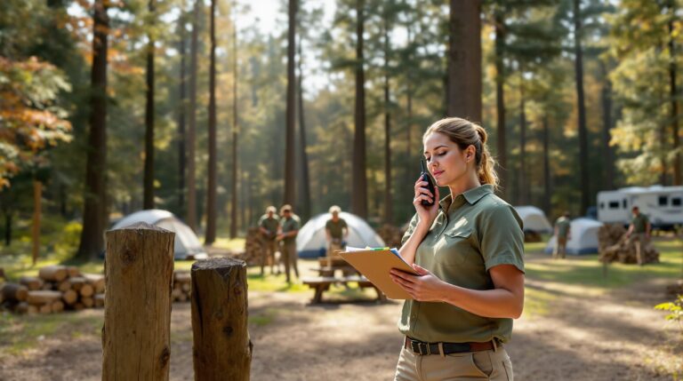 Campground manager with clipboard and radio overseeing staff arranging firewood and preparing campsites in a forested area on a sunny afternoon