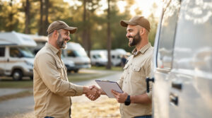 Campground manager shaking hands with a delivery supplier next to a white van, holding a clipboard with a vendor scorecard, RVs and tents blurred in the background among pine trees.