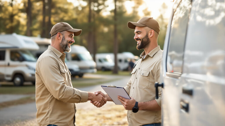 Campground manager shaking hands with a delivery supplier next to a white van, holding a clipboard with a vendor scorecard, RVs and tents blurred in the background among pine trees.