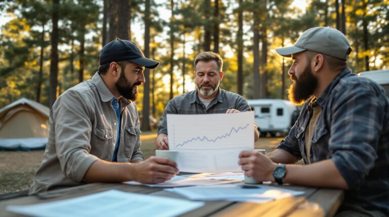 Three campground managers review printed line graphs at a picnic table outdoors, with tents and an RV softly blurred in the background under tall pine trees, in warm golden-hour light.