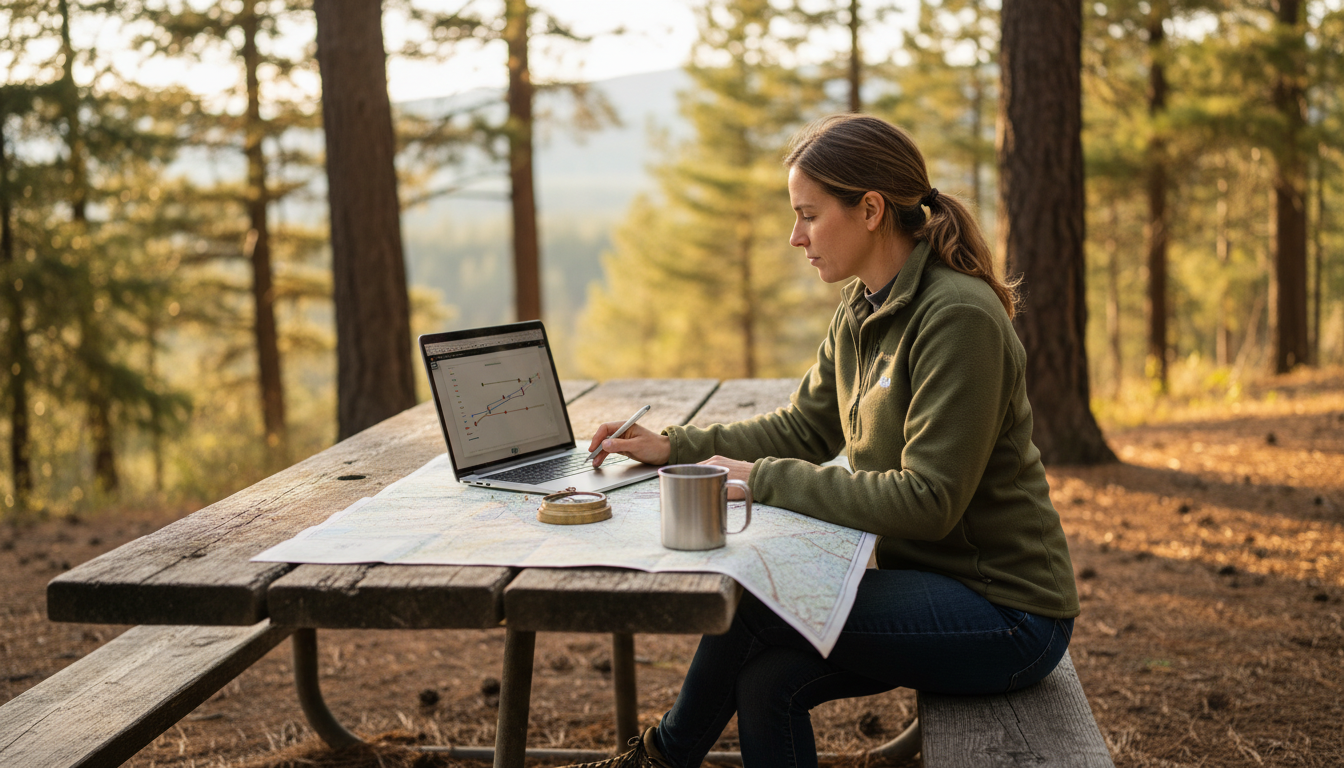 Marketing analyst using a laptop at a rustic picnic table in a forest campground with a blank map, compass, and camping mug, surrounded by pine trees and soft morning sunlight.
