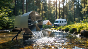 Small hydro turbine in a creek at a wooded campground, with tents and a camper van in the blurred background under soft sunlight.