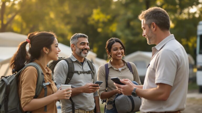 Campground manager greeting diverse group of travelers outdoors, all smiling and holding phones, with blurred tents, RV, and trees in the background.