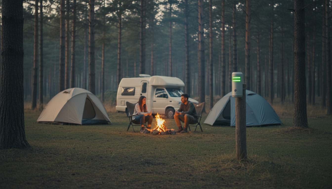 Campers sitting quietly around a campfire at dusk in a wooded campground, with a small noise sensor on a post nearby, tents and a campervan in the background, soft golden light creating a peaceful atmosphere.
