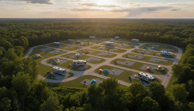 Aerial view of a generic forest campground at sunset, showing a mix of occupied and empty campsites with RVs and tents, scattered sunlight and distant rain clouds in the background.