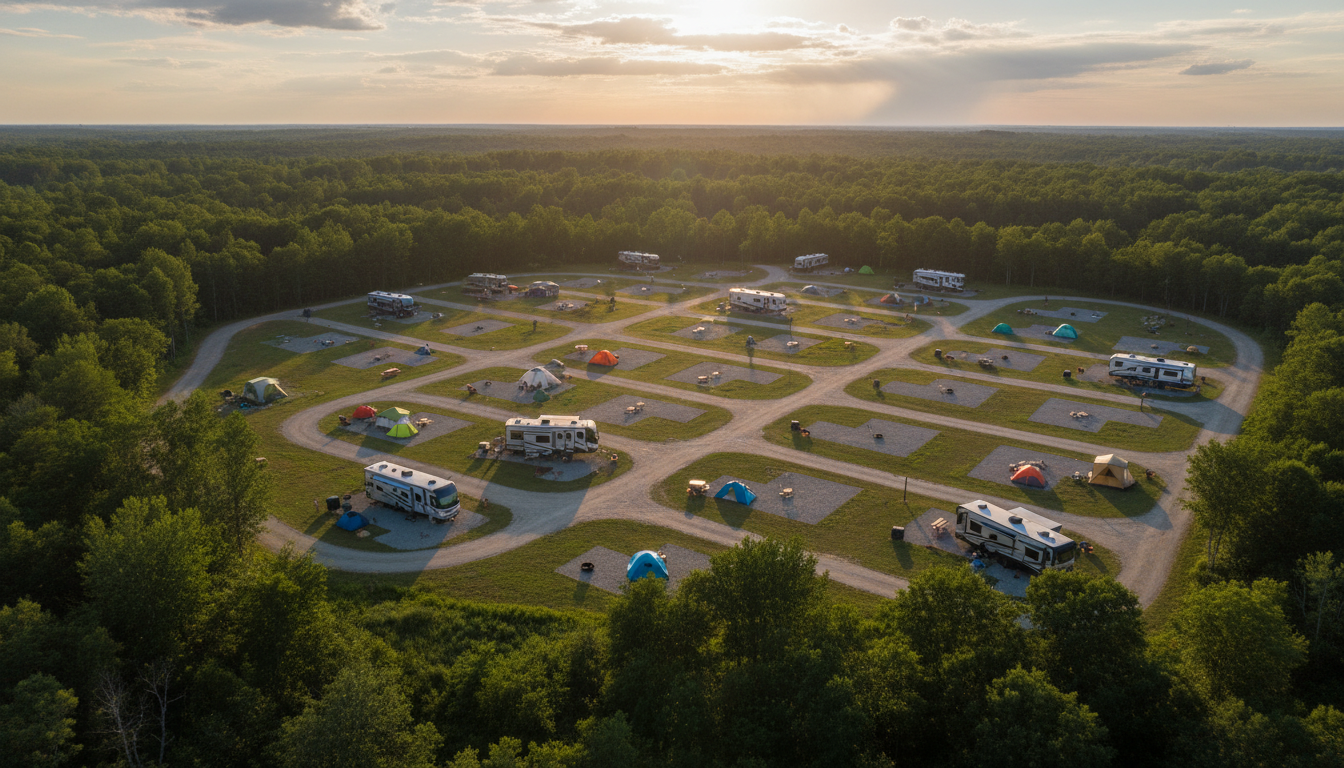 Aerial view of a generic forest campground at sunset, showing a mix of occupied and empty campsites with RVs and tents, scattered sunlight and distant rain clouds in the background.