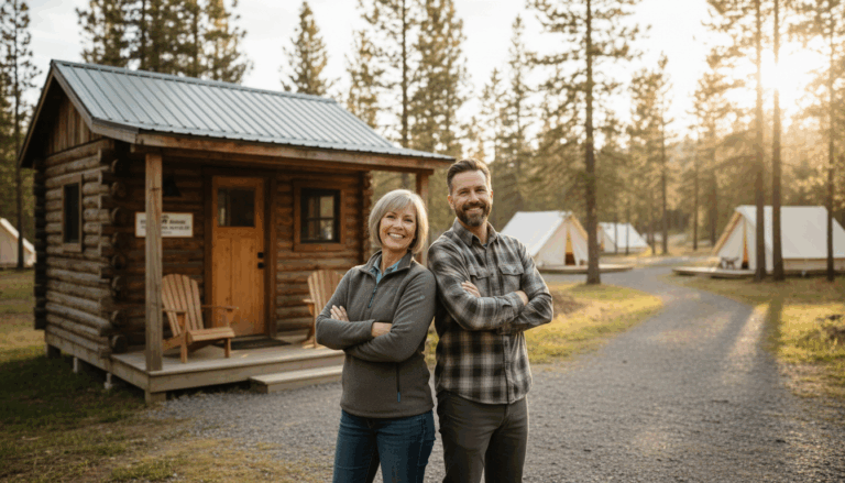 Smiling campground owner couple standing outside a rustic wooden office at a forest campsite, surrounded by pine trees and tents, in warm evening light.