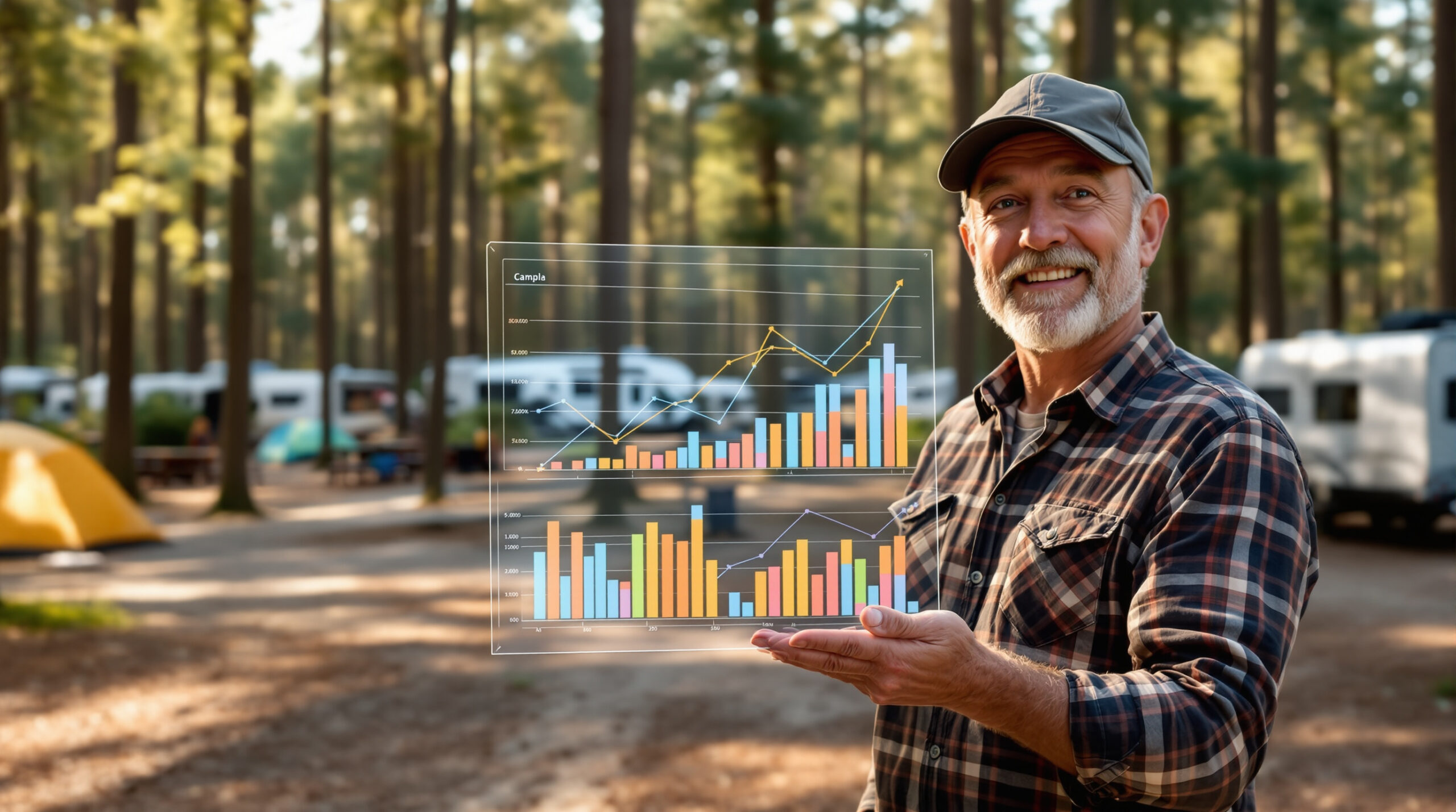Campground owner in plaid shirt holds a clear panel with colorful data graphs, standing in front of a busy, generic forest campground filled with tents and RVs on a sunny morning.