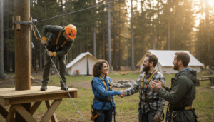 Campground owners and a technician discuss a new zip-line installation in a wooded area, shaking hands near the launch platform with tents and trees in the background, under warm natural sunlight.