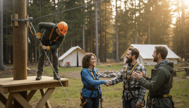 Campground owners and a technician discuss a new zip-line installation in a wooded area, shaking hands near the launch platform with tents and trees in the background, under warm natural sunlight.