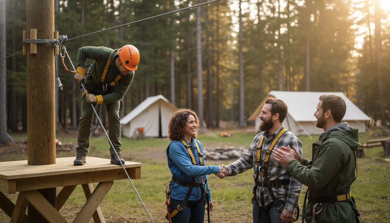 Campground owners and a technician discuss a new zip-line installation in a wooded area, shaking hands near the launch platform with tents and trees in the background, under warm natural sunlight.