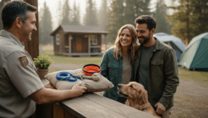 Campground manager offers bundled pet accessories to couple with golden retriever at outdoor check-in counter, generic tents and trees in background.