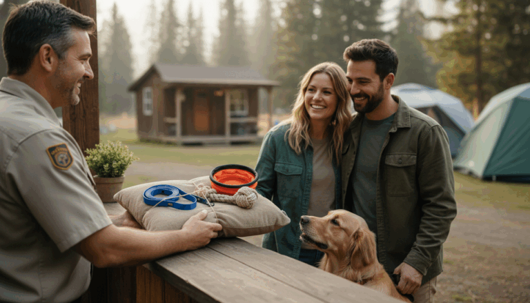 Campground manager offers bundled pet accessories to couple with golden retriever at outdoor check-in counter, generic tents and trees in background.