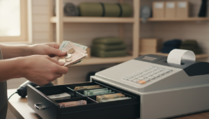Close-up of cashier counting cash at a generic campground store register, with blurred camping gear in the background.