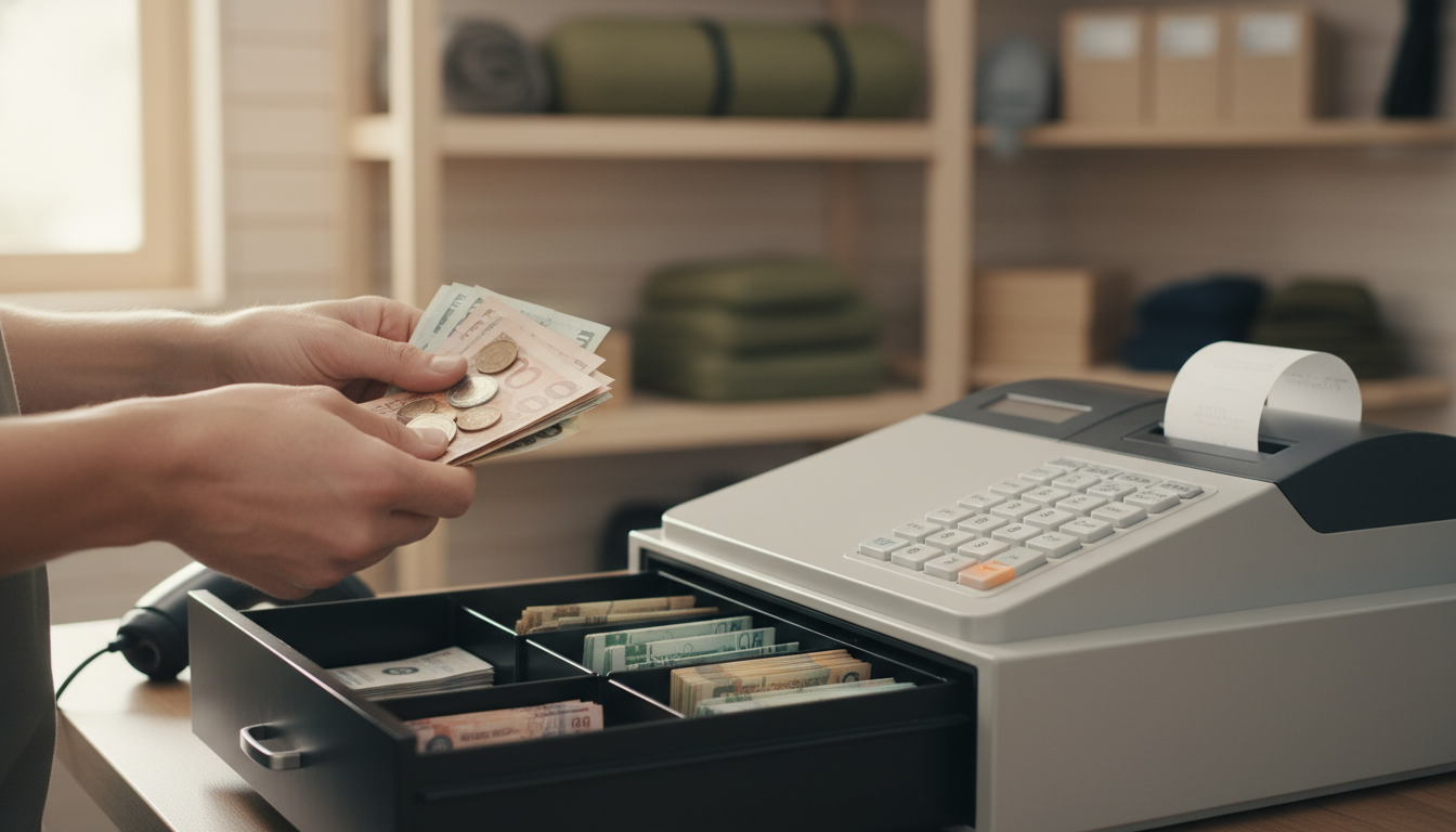 Close-up of cashier counting cash at a generic campground store register, with blurred camping gear in the background.