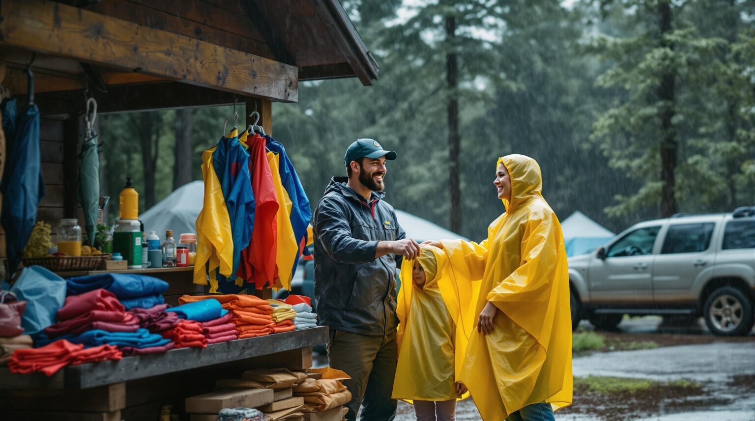 Campground attendant hands rain ponchos to smiling campers at a gear stand stocked with umbrellas and waterproof items on a rainy day, with tents and trees in the blurred background.