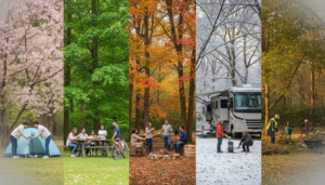 A realistic stock photo of a generic forest campground divided into five sections, each depicting a different season—spring, summer, autumn, winter, and a shoulder season—with campers enjoying various activities in each, set in an unidentifiable woodland setting.