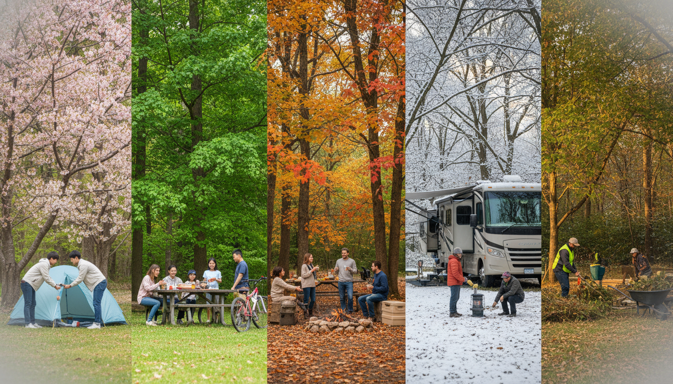 A realistic stock photo of a generic forest campground divided into five sections, each depicting a different season—spring, summer, autumn, winter, and a shoulder season—with campers enjoying various activities in each, set in an unidentifiable woodland setting.