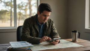 Campground manager in casual attire reviews spreadsheets and a map with a calculator at a wooden desk in a neutral office, morning light streaming through a blurred window with trees in the background.