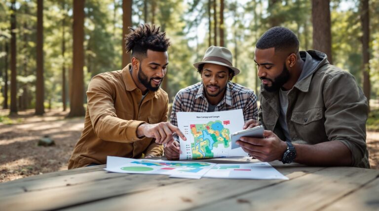 Three professionals review campground maps and risk charts outdoors at a picnic table in a forest clearing, with soft sunlight and blurred trees in the background.