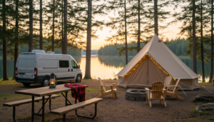 Modern campsite with RV, glamping tent, picnic table, and Adirondack chairs around a firepit, set against blurred trees and a lake at sunset