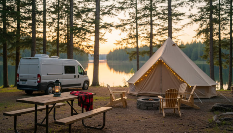 Modern campsite with RV, glamping tent, picnic table, and Adirondack chairs around a firepit, set against blurred trees and a lake at sunset