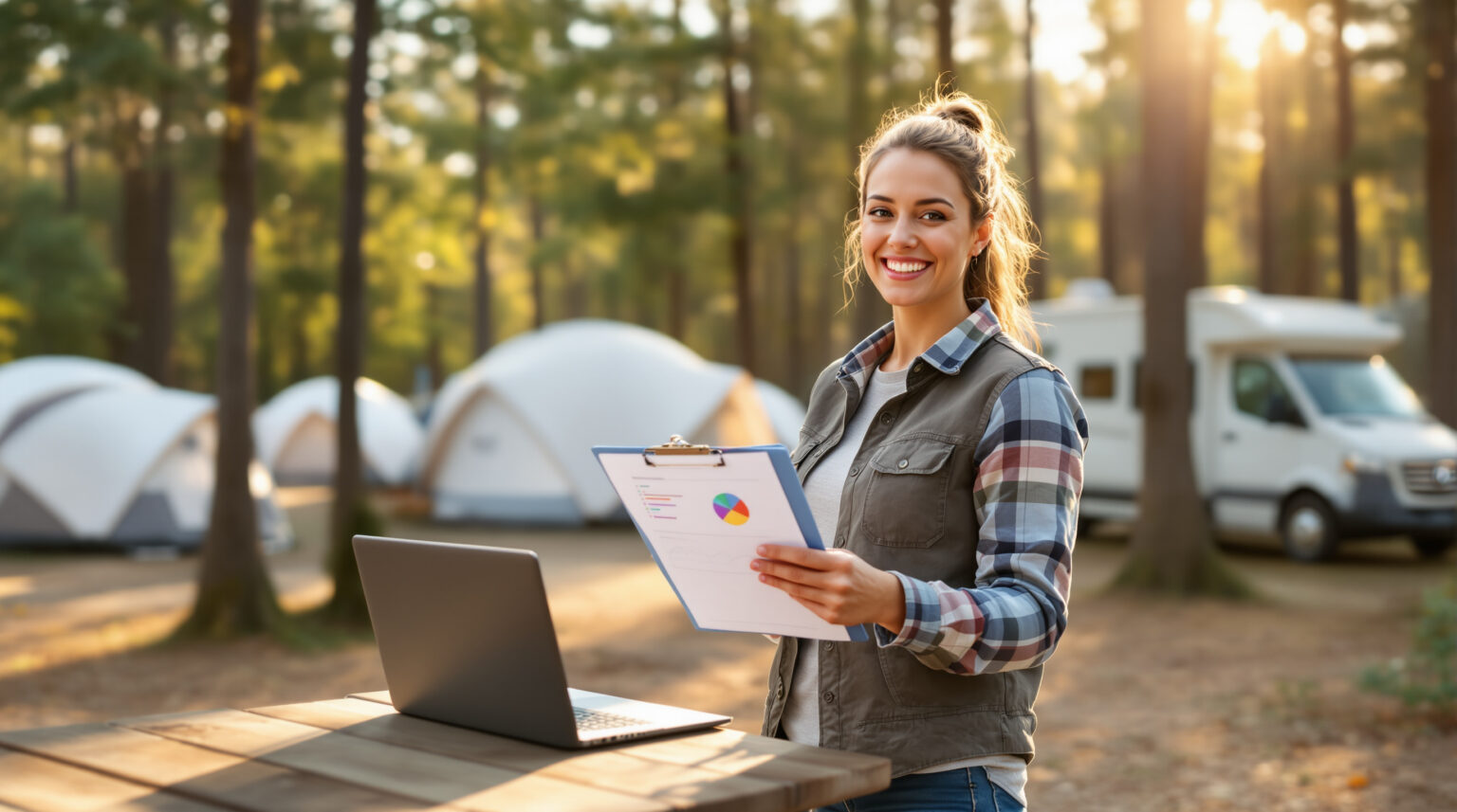 Campground manager reviews colorful charts on a clipboard at a picnic table, with tents and an RV blurred in the forest background, morning sunlight illuminating the scene.