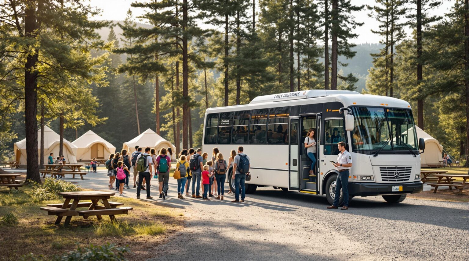 Campers board a white shuttle bus at a forested campground with tents and picnic tables, assisted by an attendant holding a clipboard on a sunny morning.