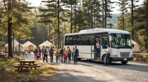 Campers board a white shuttle bus at a forested campground with tents and picnic tables, assisted by an attendant holding a clipboard on a sunny morning.