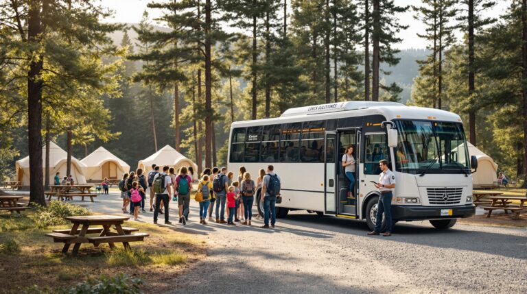 Campers board a white shuttle bus at a forested campground with tents and picnic tables, assisted by an attendant holding a clipboard on a sunny morning.