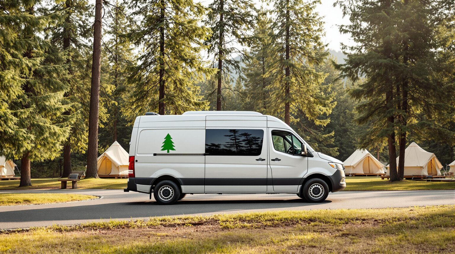 White campground shuttle van with a pine tree logo parked on a gravel road, surrounded by tall evergreen trees and blurred tents in the background under soft sunlight.