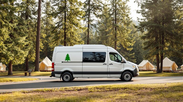 White campground shuttle van with a pine tree logo parked on a gravel road, surrounded by tall evergreen trees and blurred tents in the background under soft sunlight.