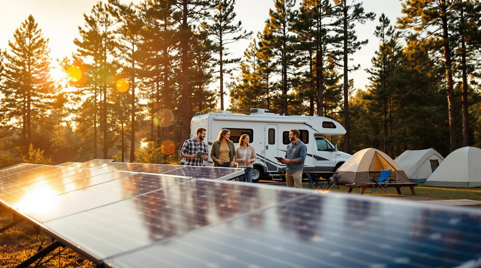 Four adults gather in a sunny forest campground beside portable solar panels, an RV, and tents, discussing energy savings.