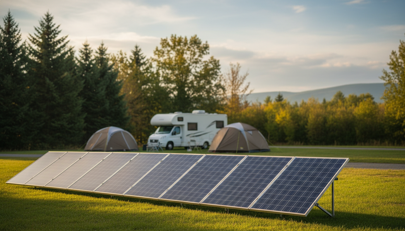 Solar panels installed at a generic campground with tents and an RV in the background, surrounded by trees and hills under a partly cloudy sky, photographed in warm, natural light.