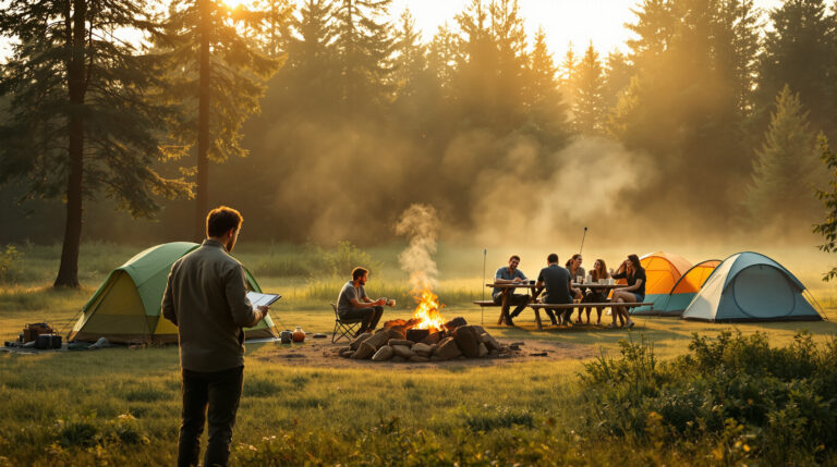 Campground manager with clipboard observes solo camper by tent and group of friends at picnic table in a generic forest meadow at sunrise