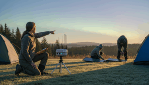 Woman monitoring space weather at a campground at sunrise, with campers preparing tents and solar panels under a soft aurora and generic forested hills in the background.