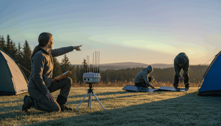 Woman monitoring space weather at a campground at sunrise, with campers preparing tents and solar panels under a soft aurora and generic forested hills in the background.